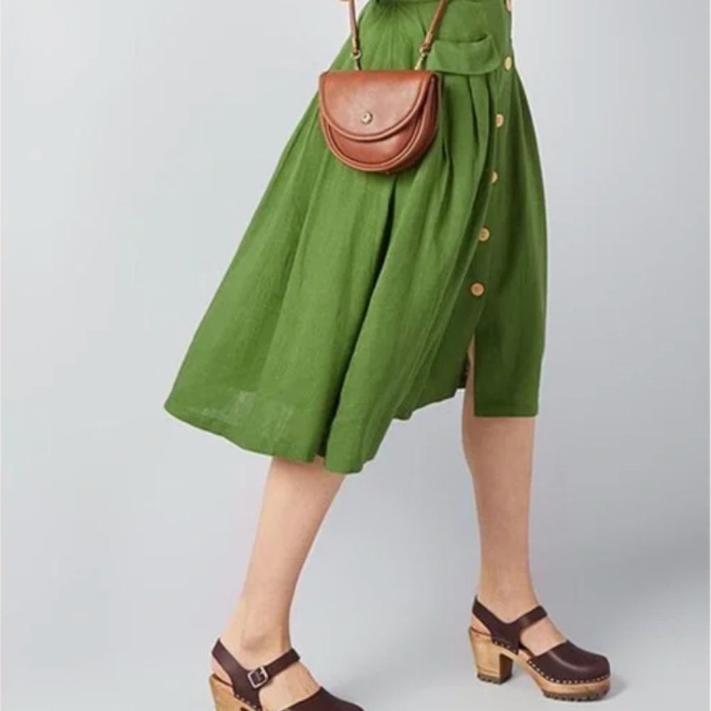 ModCloth Green Linen Effortless Button Front Midi Skirt